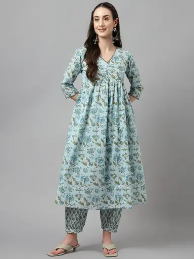 [SET0069NAN70625] Sky Blue Floral Printed Cotton Kurta Set