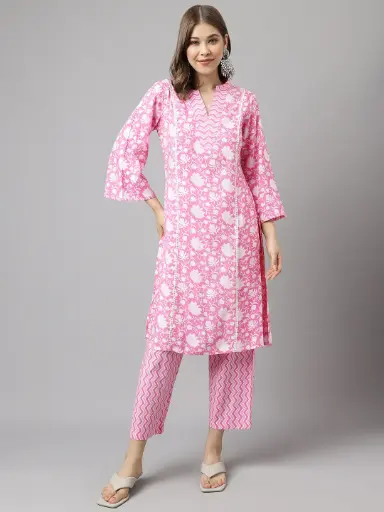 [SET0097NAN70625] Pink Floral Printed Kurta Set with Zigzag Pants