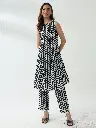 Black & White Polka Dot Sleeveless Kurta Set with Lace Detailing