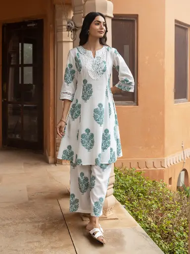 [SET0183NAN70625] White & Teal Floral Cotton Kurta Set with Lace Detailing