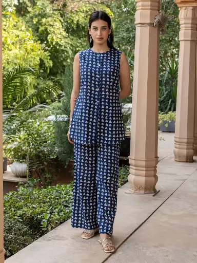 [SET0195NAN70625] Navy Blue Handblock Printed Sleeveless Coord Set