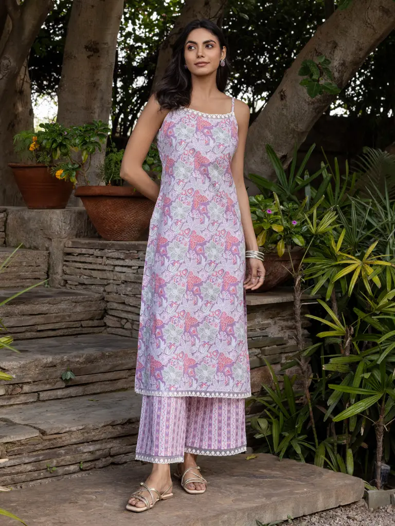 Pastel Pink Sleeveless Floral Kurta Set