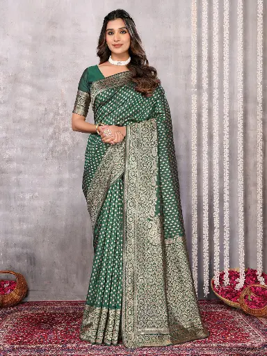 [SAR339NAN071124] Elegant Bottle Green & Gold Semi Silk Saree with All-Over Zari Butta and Rich Traditional Pallu