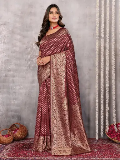 [SAR340NAN071124] Maroon Banarasi Silk Semi Saree with Zari Woven Detailing