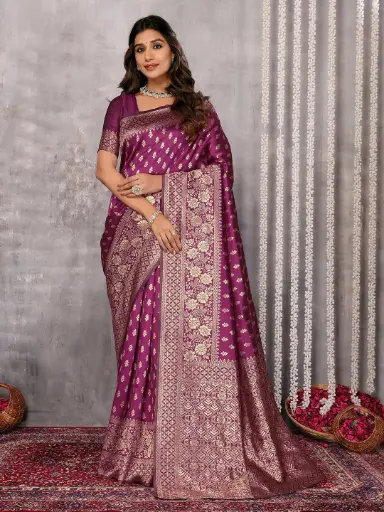 [SAR348NAN071124] Royal Wine & Gold Semi Silk Saree with Floral Zari Weaving and Designer Pallu