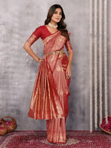 [SAR349NAN071124] Royal Maroon Semi Silk Saree with Golden Zari Floral Weaving