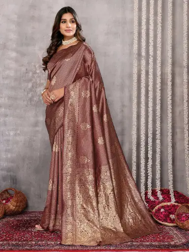 [SAR350NAN071124] Antique Rose Brown Semi Silk Saree with Rich Gold Zari Floral Weaving