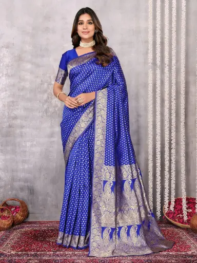 [SAR352NAN071124] Majestic Royal Blue & Gold Semi Silk Saree with Zari Woven Butta and Rich Pallu 