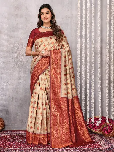 [SAR359NAN071124] Beige & Maroon Banarasi Semi Saree with Traditional Zari Weaving