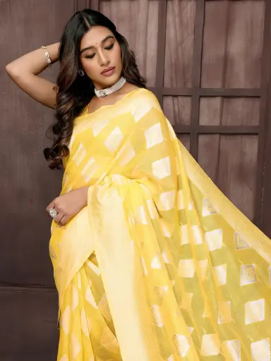 [SAR373NAN071124] Sunlit Yellow Semi Saree with White Geometric Zari Motifs