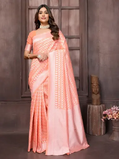 [SAR375NAN071124] Elegant Peach Banarasi Silk Semi Saree with Silver Zari Detailing
