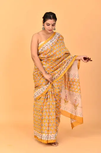 [MUL199NAN190625] Sunset Mustard Handblock Printed Cotton Saree with Floral Motifs
