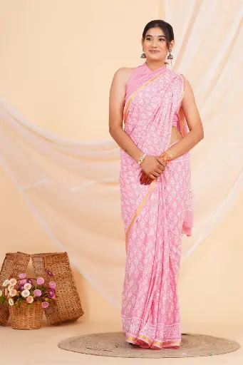 [MUL202NAN190625] Blush Pink Handblock Cotton Saree with White Buti Print and Golden Border