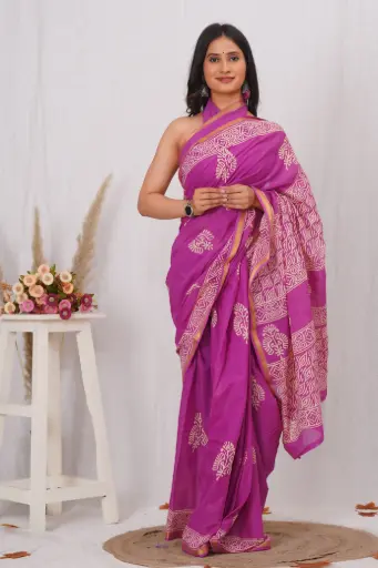 [MUL203NAN190625] Royal Magenta Handblock Cotton Saree with Beige Motifs and Ornate Pallu