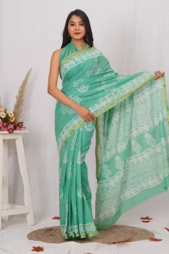 [MUL204NAN190625] Mint Green Handblock Cotton Saree with White Tribal Motifs and Artistic Pallu