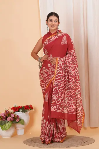 [MUL205NAN190625] Terracotta Red Tribal Art Handblock Cotton Saree with Warli Motifs