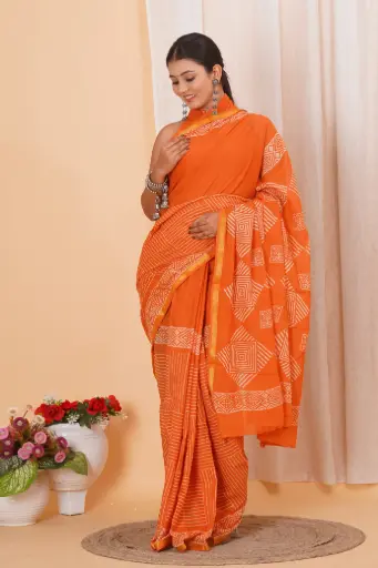 [MUL206NAN190625] Vibrant Orange Handblock Cotton Saree with Geometric Square Print