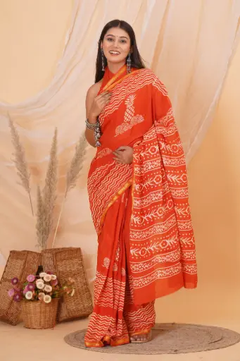[MUL207NAN190625] Burnt Orange Handblock Printed Cotton Saree with Tribal and Floral Motifs