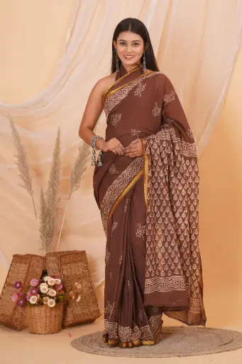 [MUL208NAN190625] Handcrafted Brown Cotton Saree with Traditional Block Print & Golden Border