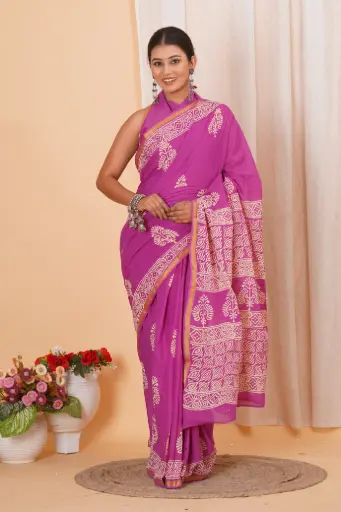 [MUL209NAN190625] Elegant Magenta Pink Cotton Saree with Hand Block Print & Golden Zari Border