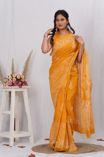 [MUL210NAN190625] Sunshine Yellow Cotton Hand Block Print Saree with Traditional Motifs & Zari Border