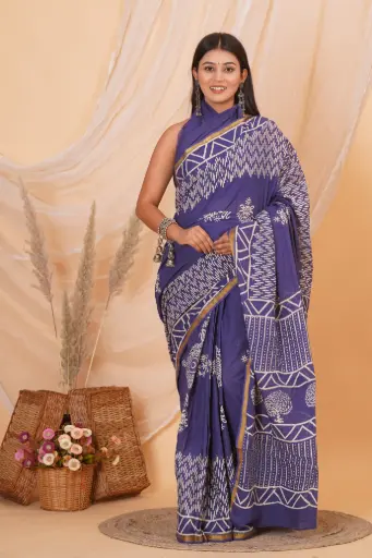 [MUL213NAN190625] Indigo Blue Cotton Saree with White Tribal Block Print and Zari Border