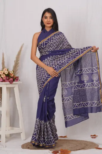 [MUL214NAN190625] Navy Blue Cotton Saree with White Tribal Motifs & Golden Zari Border
