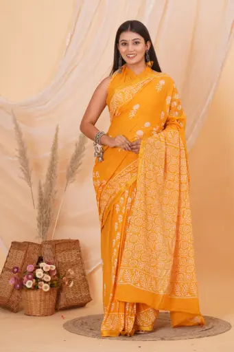 [MUL215NAN190625] Sunshine Yellow Hand Block Printed Cotton Saree with White Floral Motifs