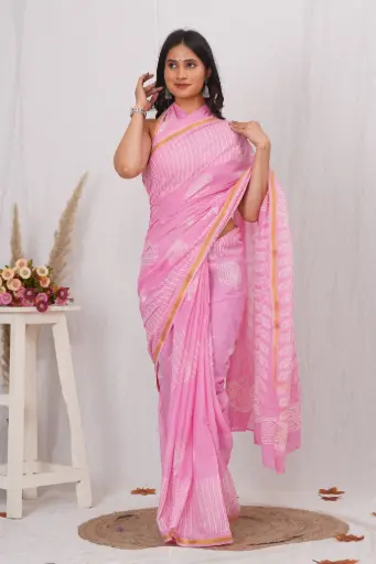 [MUL216NAN190625] Blush Pink Hand Block Printed Cotton Saree with White Tree & Leaf Motifs 