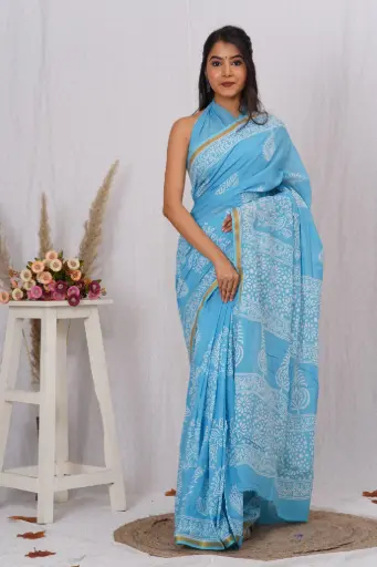 [MUL217NAN190625] Sky Blue Hand Block Printed Cotton Saree with Floral & Paisley Motifs