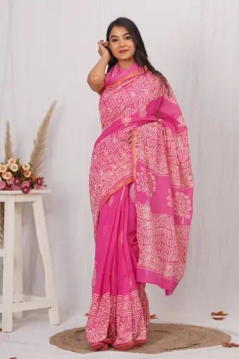 [MUL219NAN190625] Hot Pink Hand Block Printed Cotton Saree with Cream Tribal Motifs & Golden Border