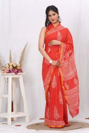 [MUL220NAN190625] Brick Red Cotton Hand Block Printed Saree with White Motifs & Golden Border 