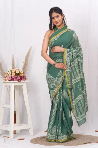 [MUL221NAN190625] Elegant Bottle Green Hand Block Printed Cotton Saree with Golden Border
