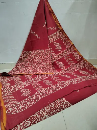 [MUL222NAN190625] Classic Maroon Red Hand Block Printed Cotton Saree with Floral & Geometric Motifs