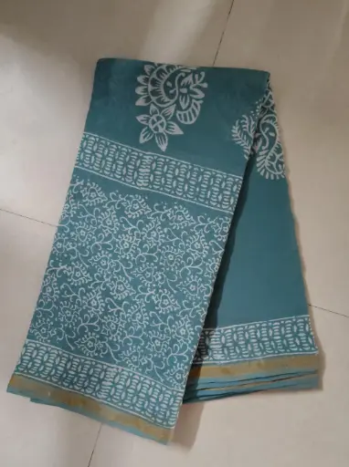 [MUL223NAN190625] Elegant Teal Green Hand Block Printed Cotton Saree with Floral & Traditional Borders