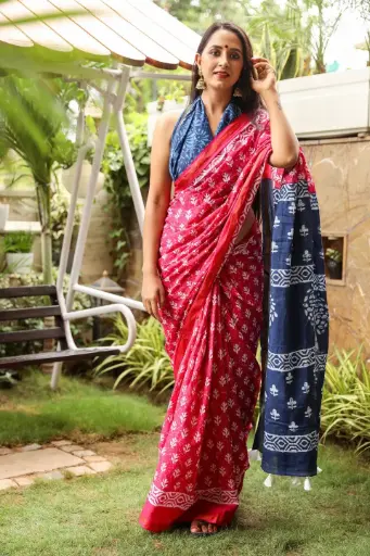 [MUL224NAN190625] Red & Navy Blue Hand Block Printed Cotton Saree with Contrasting Pallu and Tassel Detail