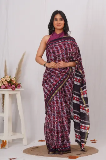 [MUL225NAN190625] Elegant Black & Maroon Ajrakh-Inspired Printed Modal Silk Saree with Contrast Pallu