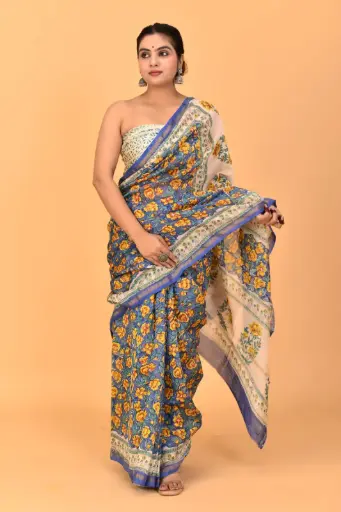 [MUL226NAN190625] Blue & Ivory Handblock-Style Floral Printed Cotton Saree with Contrast Pallu