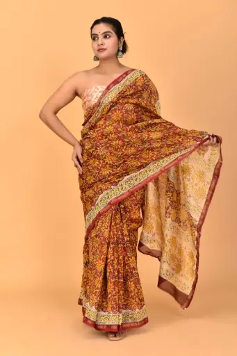 [MUL227NAN190625] Maroon & Beige Floral Printed Soft Cotton Saree with Contrast Pallu