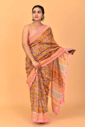 [MUL228NAN190625] Peach & Pink Floral Printed Soft Cotton Saree with Pastel Contrast Pallu