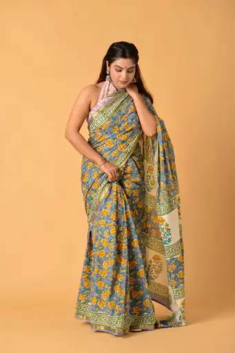 [MUL229NAN190625] Blue & Yellow Floral Handblock Print Cotton Saree with Beige Pallu