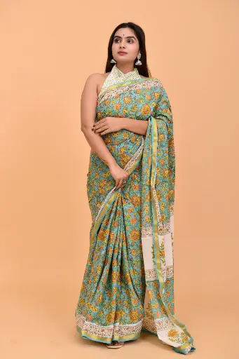 [MUL230NAN190625] Mint Green & Mustard Floral Handblock Print Cotton Saree with Ivory Pallu 