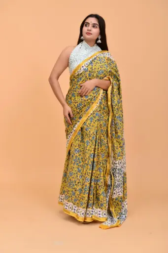 [MUL231NAN190625] Mustard Yellow & Blue Handblock Floral Print Cotton Saree with Contrast White Pallu
