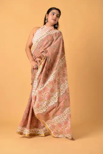 [MUL232NAN190625] Peach & Olive Floral Handblock Print Cotton Saree with White Patterned Border