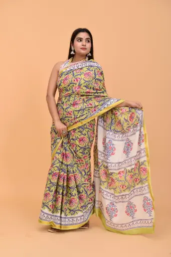 [MUL233NAN190625] Lime Green Floral Printed Cotton Saree with Cream Pallu and Traditional Border