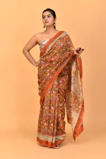 [MUL234NAN190625] Rust Orange Handblock Floral Print Cotton Saree with Beige Pallu and Traditional Motif Border