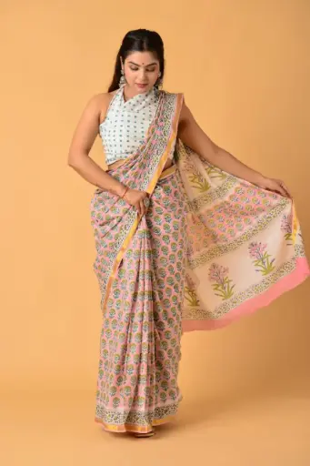 [MUL235NAN190625] Pastel Pink Handblock-Style Floral Cotton Saree with Cream Pallu and Golden Border