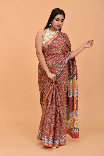 [MUL236NAN190625] Multicolor Paisley & Floral Printed Cotton Saree with Ornate Pallu and Traditional Border