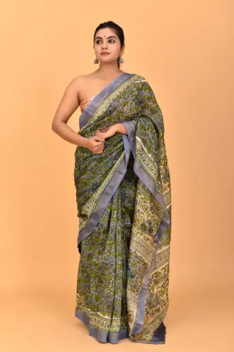 [MUL238NAN190625] Olive Green and Blue Botanical Print Cotton Saree with Contrast Beige Pallu