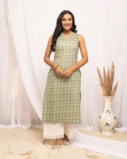 Sage Green Sleeveless Printed Kurta with Off-White Palazzo